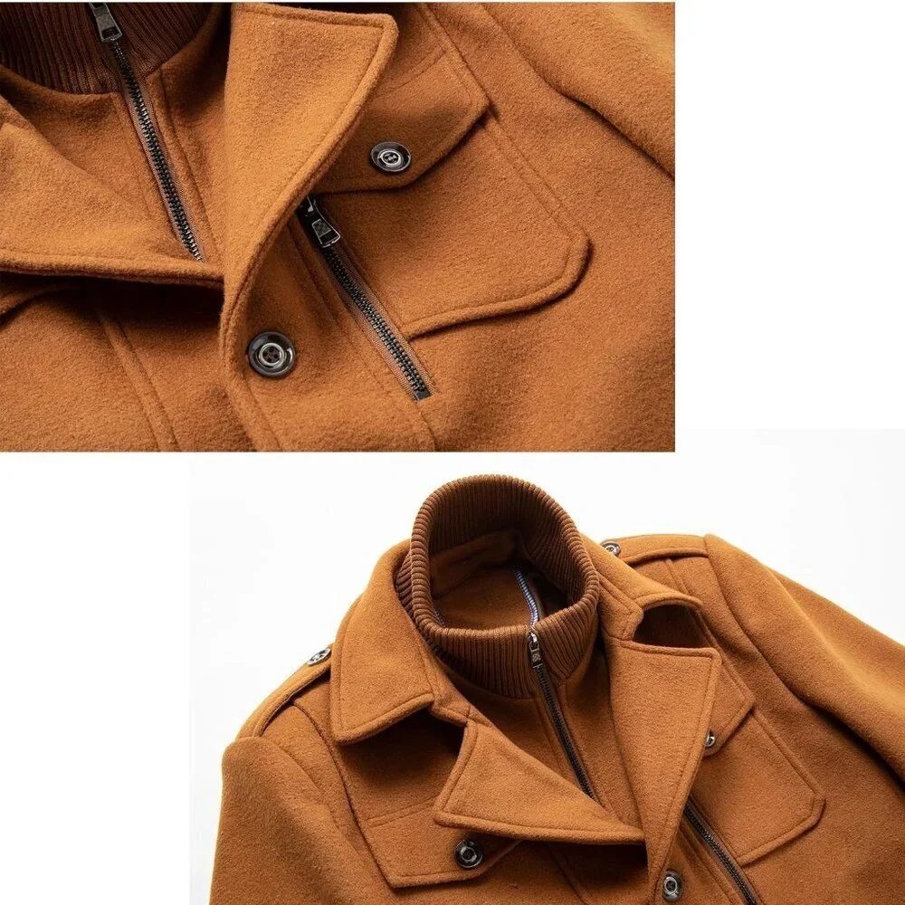Men's Yellow Wool Blend Coat Warm Winter Trench Coat With Detachable Soft Scarf